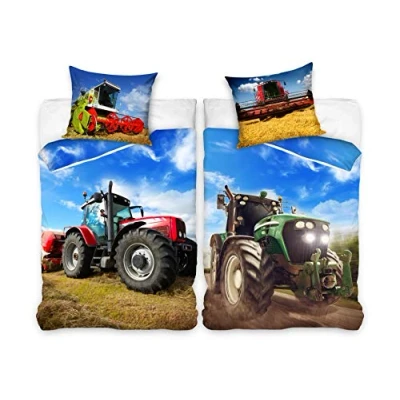 Image de Familando Parure de lit en linon 100 % coton Linge pour enfants, garçon Motif tracteur moissonneuse 135 x 200 cm Taie d&#039;oreiller 80
