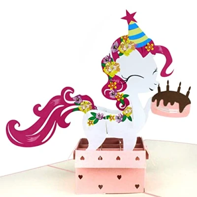 Image de MOKIO® carte d&#039;anniversaire Pop Up Joyeux anniversaire Poney avec cadeau et gâteau 3D pour un anniversaire, idéale les cadeaux d&#039;argent, de vœux enveloppe