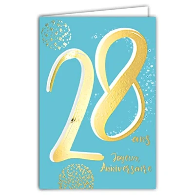 Image de Carte Anniversaire 28 ans en Or Doré Brillant Relief Texturé pour Homme Femme Texte Coloré Adapté à l’Âge l’Intérieur Enveloppe incluse Fabriquée France ColorAges Afie 69 2428