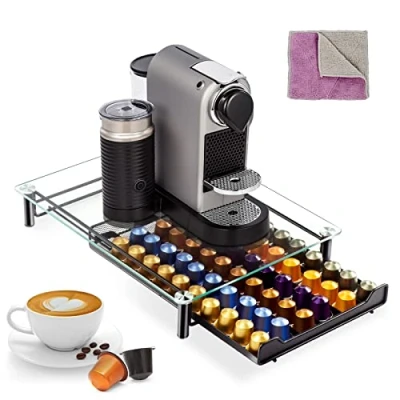 Image de Masthome Porte Capsule de Café pour Nespresso 60 Capsules, Tiroir Rangement avec Présentoir en Verre, Distributeur Capsules Antidérapant et Transparent Métallique, Noir