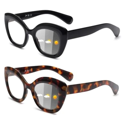 Image de JM 2 Paires de Lunette Loupe Photochromiques pour Femme, Yeux Chat Anti Lumiere Bleue Charnière à Ressort, Noir &amp; Tortue