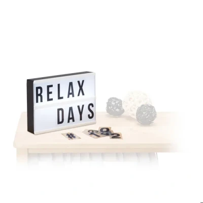 Image de Relaxdays Boîte lumineuse LED blanc Lightbox personnalisable 60 signes lettres chiffres HxlxP: 15 x 21 4 cm, blanc/noir