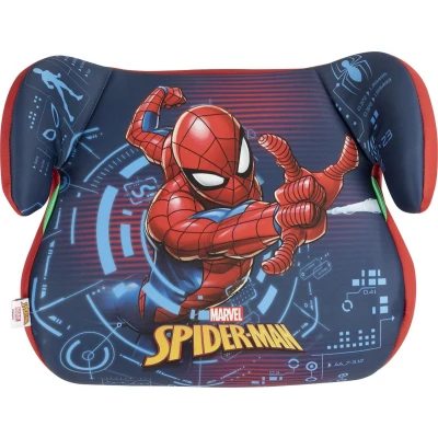 Image de Marvel Spiderman Réhausseur voiture enfant i Size ECE R129. siège pour la sécurité des enfants d&#039;une hauteur de 125 à 150 cm. avec graphisme duSpider Man, sur fond bleu.