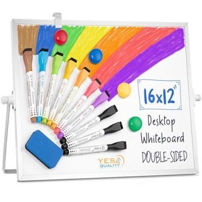 Image de tableau blanc magnétique effaçable à sec (40 x 30 cm) avec support antidérapant, de bureau portable 10 marqueurs colorés, 4 aimants et 1 gomme par Yes4Quality