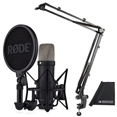 Image de Rode NT1 5ème génération XLR USB Microphone de studio, noir, avec trépied à bras articulé K&amp;M 23840 et chiffon en microfibre Keepdrum