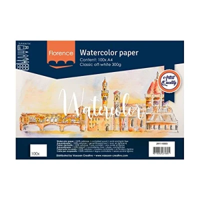 Image de Florence Papier Aquarelle Texture Rugueux A4 Blanc Cassé 100 feuilles 300 g/m² Sketchbook pour le Dessin, la Calligraphie et Peinture à l&#039;Aquarelle