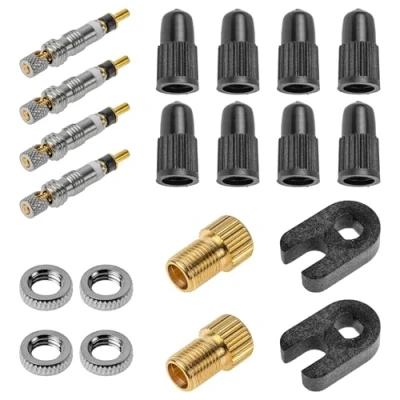 Image de Kit de remplacement valve vélo, Pour valves Presta (SV), 20 pièces dont 4 x Presta, 8 bouchons valve, 2 set SV DV à AV, Outil montage, vélos course jusqu&#039;à 15 bars
