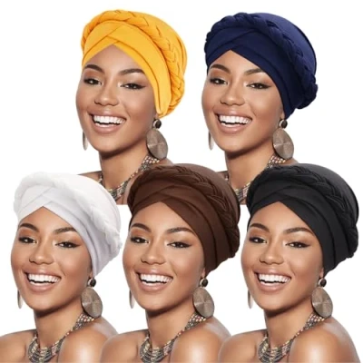 Image de DRESHOW Femmes Africaine Turban pré noués Tresse Torsadée Bonnet Chimio Casquette de Perte Cheveux Chapeau, Taille unique, 5 pcs twisted braid: Solid Color Set F09