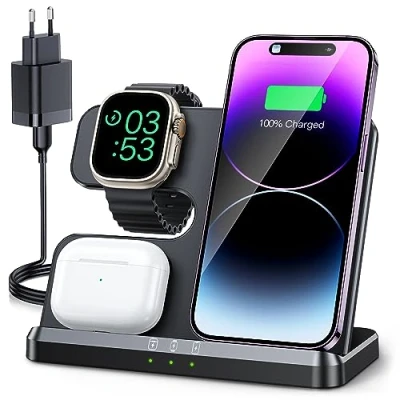 Image de JARGOU Chargeur Induction 3 en 1 pour iPhone 15 14 13 12 11 Pro Max/XR/8/Samsung, Station de Charge Apple Watch 9/Ultra 2/SE/8/7/6/5/4, Base AirPods Pro/3/2 (Blanc)