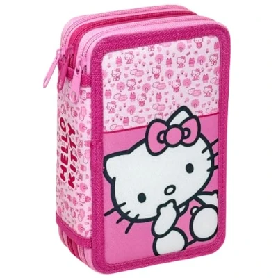 Image de Trousse Scolaire Complète 44 Pièces pour Fan de Hello Kitty Kit Créatif Triple Compartiment avec Feutres, Crayons, Règle Idée Cadeau Fille Rose