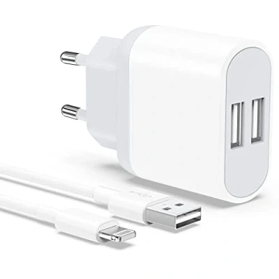 Image de Chargeur iPhone, Prise USB avec Cable 2M pour iPhone 8 7 6 6S Plus XR X XS 11 12 13 14 Pro Max Mini SE 5 5C 5S, Pad, 2 Pack 5V 2.1A Double Charger Adaptateur Secteur Mural Alimentation Nisiyama