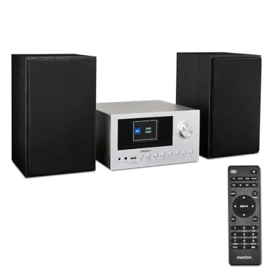 Image de MEDION P85003 Mini Chaîne HiFi avec Lecteur CD (WiFi, Bluetooth, Radio Internet, Dab +, USB, AUX, Égaliseur, Écran Couleur TFT télécommande, 2X 15 W RMS) Argent