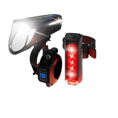 Image de FISCHER Twin Stop 100 Lux Kit d&#039;éclairage LED pour vélo avec Feux de Route et Mode capteur, Longue durée Vie, boîtier en Aluminium Robuste, Noir, 1 pièce