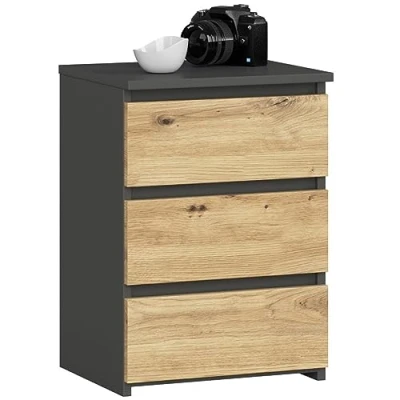 Image de AKORD Table de Chevet Commode CL 3 avec tiroirs pour Le Salon Chambre Armoire Bureau Design Moderne et Fonctionnel L40 x H57 P35 cm, Poids 26 kg Gris Graphite/Chêne Artisanal