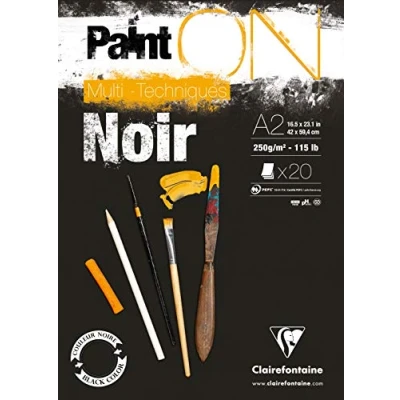 Image de Clairefontaine 975171C Bloc Collé PaintON Multi techniques 20 Feuilles Papier Dessin au Grain Légèrement Rugeux Noir A2 42x59,4 cm 250g