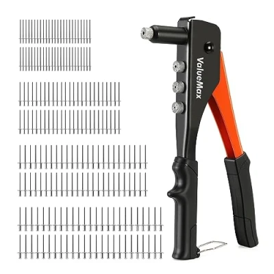 Image de VALUEMAX Pince à Rivets 4 en 1 avec 200 Rivets, Têtes Remplaçables 2,4mm 3,2mm 4,0mm 4,8mm, Riveteuse Compacte pour Métal, Plastique, Bois
