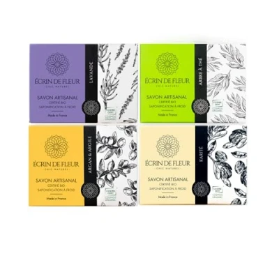 Image de Écrin de Fleur Coffret 4 savons à froid artisanaux français (arbre thé, lavande, karité, argan &amp; argile, 4x90g)