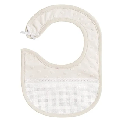 Image de Filet Bavoir Réalisé en Tissu Doux Effet Pois 3D avec Poche Toile Aida à Broder, Fermeture Strap, Idéal pour les Bébés, 100% Made in Italy, Couleur Beige et Blanc