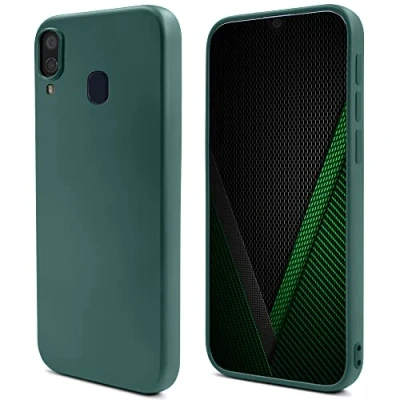 Image de Moozy Lifestyle. Coque conçue pour Samsung A40, vert foncé en silicone liquide avec finition mate et doublure microfibre douce. Neuf