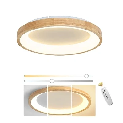 Image de VOMI Plafonnier LED Rond 24W Dimmable avec Télécommande Luminaire Plafonniers Bois 40cm Moderne Lumiere Lampe plafond Mince Éclairage de pour Salon Chambre Bureau Cuisine Couloir Hotel