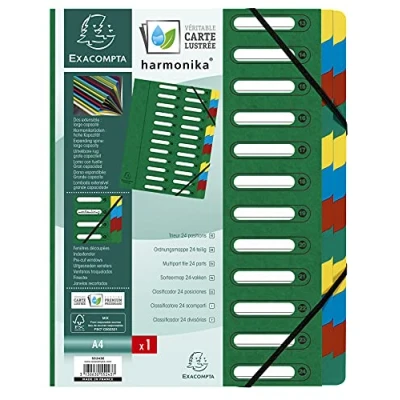 Image de Exacompta Réf. 55243E 1 trieur HARMONIKA avec élastiques et fenêtres découpées couverture en carte lustrée dos extensible 24 compartiments pour A4 dim 24,5 x 32 cm couleur vert