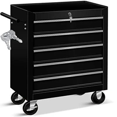 Image de Masko® Chariot d&#039;atelier ✓ Verrouillable Métal Massif à Outils Professionnel de Rangement d&#039;outils Tiroirs avec glissières 5 Cases Noir