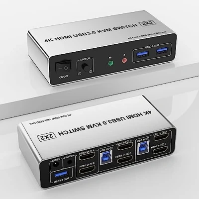 Image de USB 3.0 Dual Monitor HDMI KVM Switch 2 Monitors Computers 4K@60Hz, EDID Switcher pour PC écrans avec 3 Supportant la Copie et l&#039;affichage étendu le Contrôle du Bureau