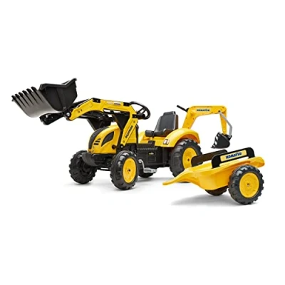 Image de FALK Tractopelle à pédales Komatsu avec excavatrice et remorque Dès 3 ans Fabriqué en France Pelle frontale excatrice articulées Siège rotatif 2086Y