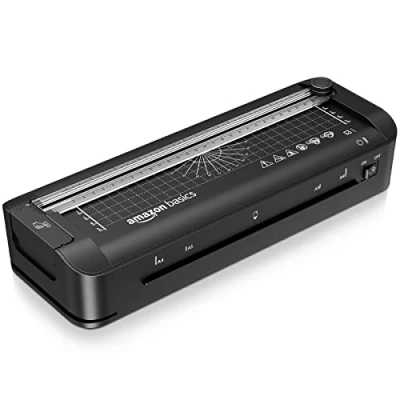 Image de Amazon Basics Plastifieuse thermique A4 3 en 1, fonctions de découpage, perforage et arrondi coins, 10 pochettes incluses, prise EU, Noir