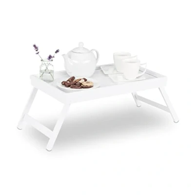 Image de Relaxdays 10023234, Blanc Tablette de Lit Bambou Pieds Rabats Rebords Plateau Service &amp; Petit Déjeuner, HLP 22 x 64 31 cm
