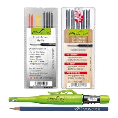 Image de Pica Dry Lot de 10 marqueurs à pointe profonde avec mines rechange Dureté H pour menuisiers et 8 Graphite 2B/rouge/jaune