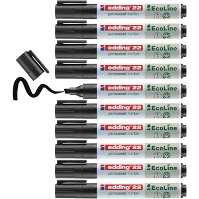 Image de edding 22 EcoLine marqueur permanent noir 10 stylos pointe biseautée 1 5 mm sèche vite résiste à l&#039;eau et l&#039;essuyage pour carton, plastique, bois, métal universel
