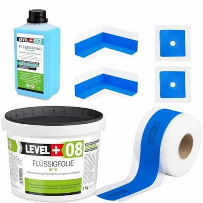 Image de Kit d&#039;étanchéité SET300 4 kg de film liquide, 2 coins intérieurs, manchettes murales, 5 m ruban Base profonde 1 l pour douche, salle bain, cuisine