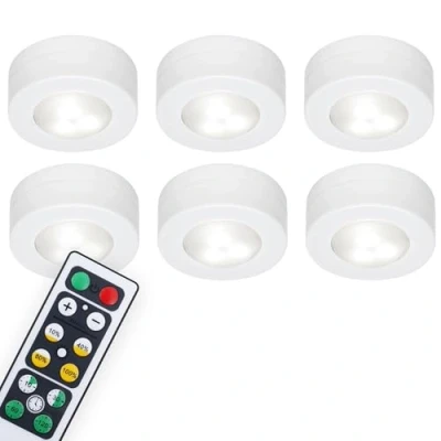 Image de Briloner Leuchten Lot de 6 éclairages d&#039;armoire LED avec télécommande, intensité variable, éclairage fonctionnel, veilleuse pour chambre, minuterie et patins adhésifs 3M, 58x26 mm (DxH), blanc