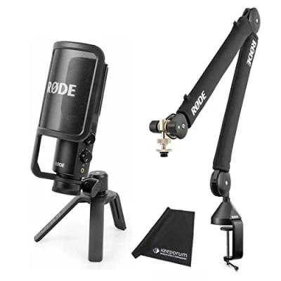 Image de Rode NT USB+ Plus Microphone à condensateur USB, PSA1+ bras articulé noir, chiffon en microfibre Keepdrum