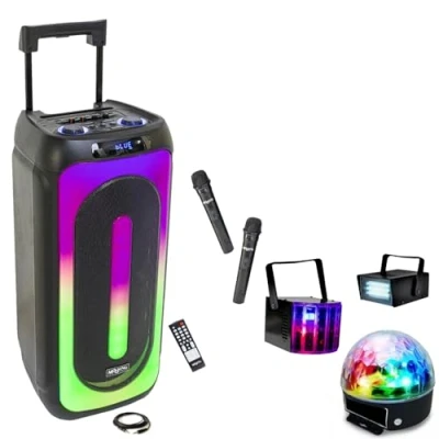 Image de MOOVING LIGHT &amp; SOUND Pack Enceinte USB Bluetooth Autonome Karaoke MS MAGIC SOUND1000 TWS 1000W 2 Micros 3 Jeux Lumières Strobe Astro Derby