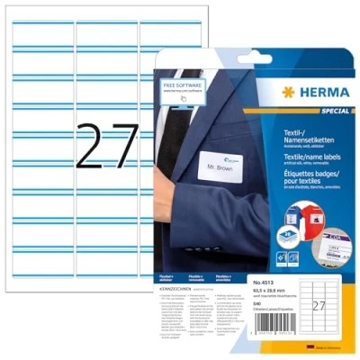 Image de HERMA Pochette de 540 badges autocollantes pour textile, En soie d&#039;acétate (63,5 x 29,6 mm) Personnalisables et imprimables, Impression laser, (4513)
