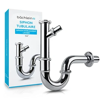 Image de Bächlein Siphon Universel pour Lavabo et Évier (Extra Long) avec Raccord Appareil Bonde de Tubulaire Adaptable Anti Odeur Orifice Nettoyage + Mode d’Emploi