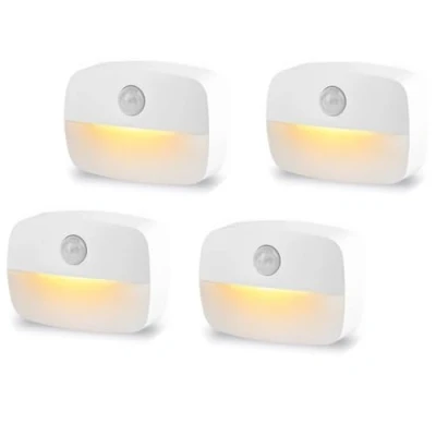 Image de SUJAHHUJIQ Lot de 4 veilleuses LED à détecteur mouvement, coller Alimentées par piles Capteur d&#039;escalier automatique / marche/arrêt Pour toilettes, couloir, placard, cuisine, chambre