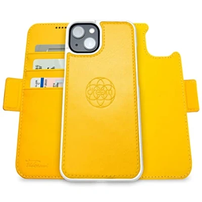 Image de dreem Fibonacci Compatible avec iPhone 14 funda cartera / 2 en 1 étui Antichoc et Folio Amovible Cuir végétal, MagSafe, Protection RFID [Jaune]