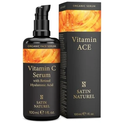 Image de Vitamine C Serum Visage 100ml, Enrichi en Retinol + Acide Hyaluronique E à Base d&#039; Aloe Vera Bio pour Peaux Sensibles, Formule Innovante effet Lifting par Satin Naturel