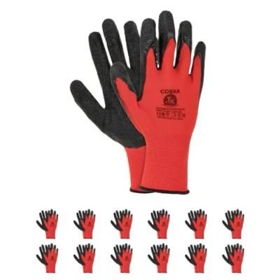 Image de TK Gloves Cobra Gants de Travail/Taille 09 12 Paires/Rouge Noir montage/Gants Protection Tricoté Revêtement en Latex Raulatex/Polyester Gant