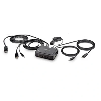 Image de StarTech.com Switch KVM à Câble Hybride USB C DisplayPort 2 Ports, 4K 60Hz Commutateur avec Câbles hôtes intégrés A/DisplayPort/Audio de 1,8m et 1,2m (C2 D46 UAC CBL KVM)