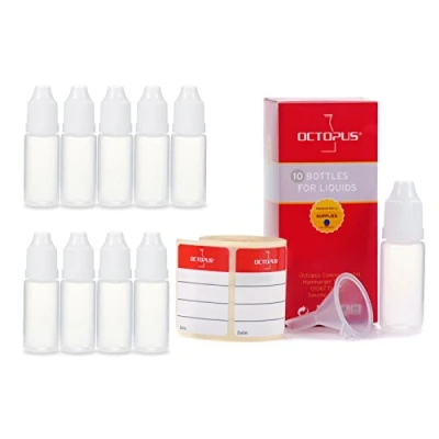Image de 10 bouteilles liquides de ml avec entonnoirs + étiquettes, p. Ex. pour e cigarettes, en plastique PE PEBD, flacons doseurs