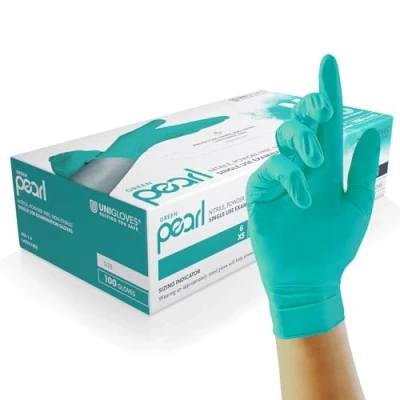 Image de Unigloves Green Pearl gants d&#039;examen en nitrile jetables polyvalents, sans poudre et latex boîte de 100 gants, vert, taille L (GP0044)