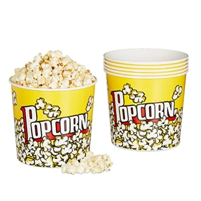 Image de relaxdays Seau pop corn, lot de 6, contenant en plastique, réutilisable, 2,8 litres, soirée ciné, rétro, jaune