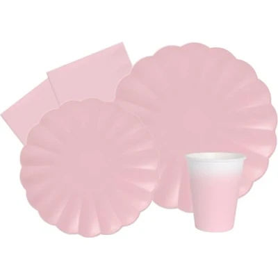Image de Ciao Kit Table Fête Party Flower Shape 24 personnes (112 pcs: assiettes, gobelets, serviettes) en papier compostable, rose Vaisselle papel eco friendly, Uni, AZ111