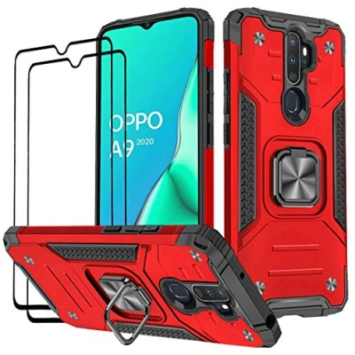 Image de KANSI Coque Compatible pour Oppo A9 2020 / A5 2020, Verre Trempé [2 Pièces] Housse TPU Silicone Rotation 360 Aimant Anneau Support Double Défense Protection Etui 2020/A5 Rouge