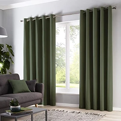 Image de Fusion Sorbonne Paire de Rideaux à œillets 100% Coton 117 x 229 cm (l H) en Vert Bouteille