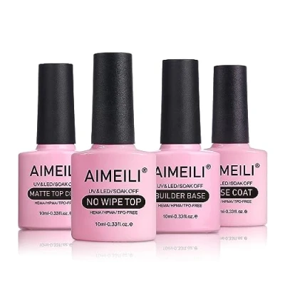 Image de AIMEILI No Wipe Top Coat et Base Coat, Matte 5 en 1 Builder Vernis à Ongles Semi Permanent Finition Mat Brillante 10ml 4 Bouteilles Nail Starter Kit